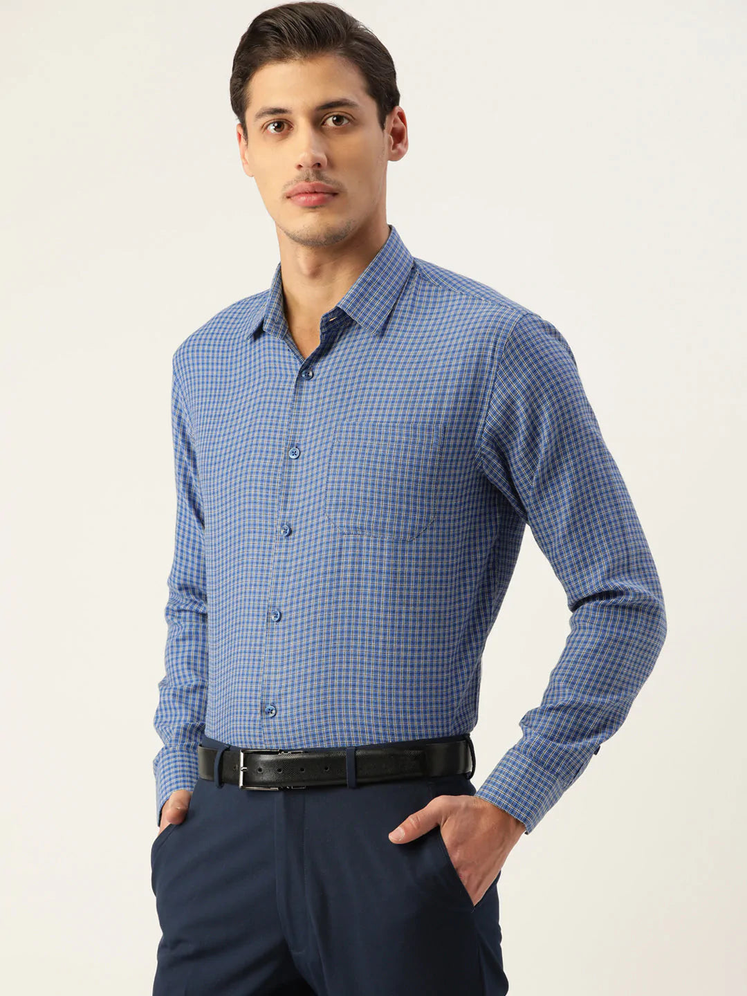 Jainish Men's Cotton Checked Formal Shirts ( SF 804Blue )