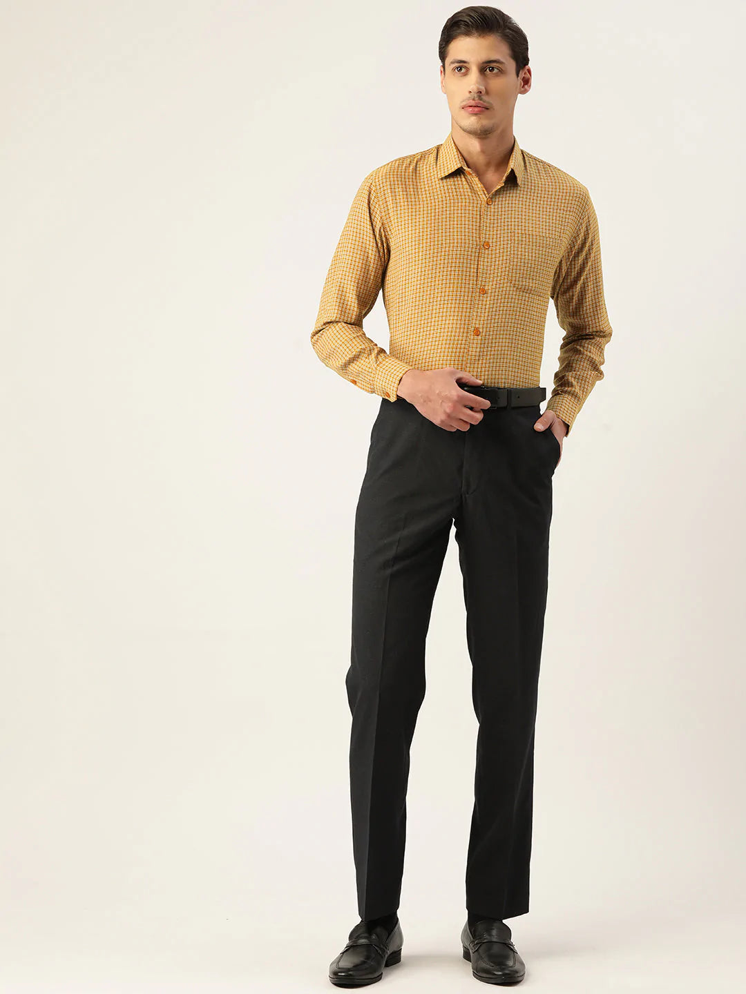 Jainish Men's Cotton Checked Formal Shirts ( SF 804Mustard )