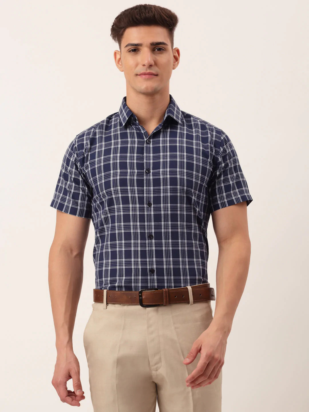 Jainish Men's Cotton Checked Half Sleeve Formal Shirts ( SF 808Blue )