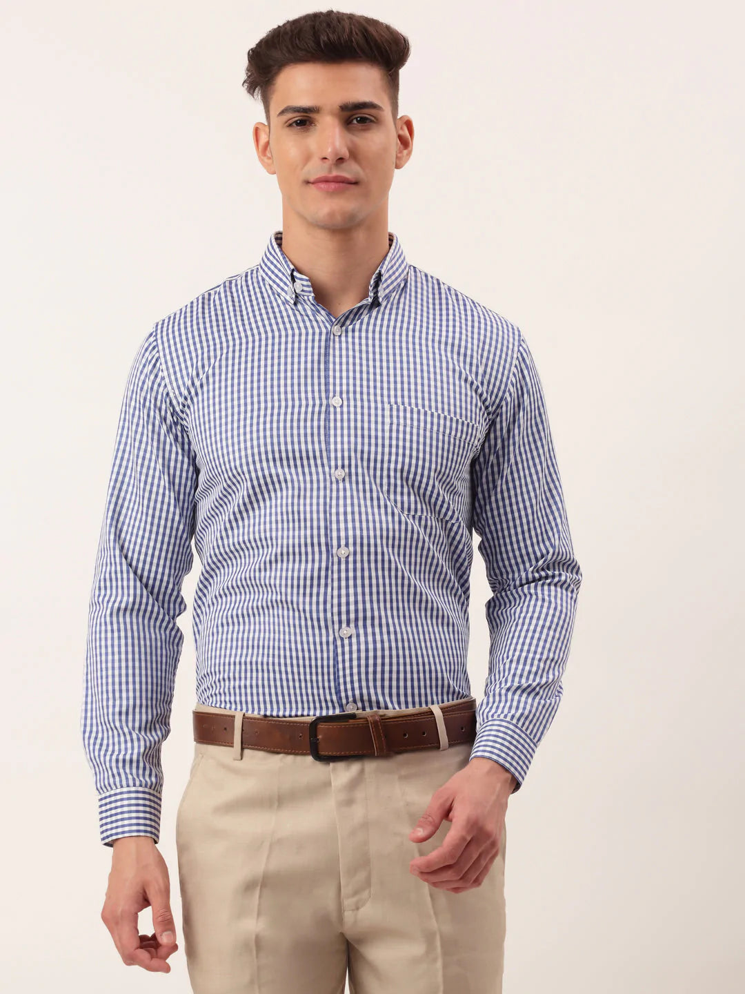 Jainish Men's Cotton Checked Button Down Collar Formal Shirts ( SF 810Blue )