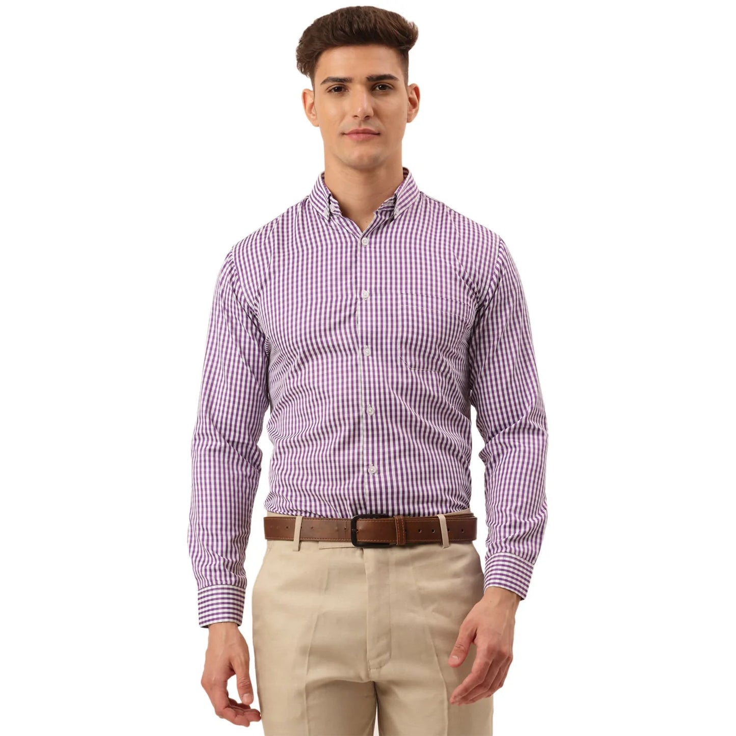 Jainish Men's Cotton Checked Button Down Collar Formal Shirts ( SF 810Purple )