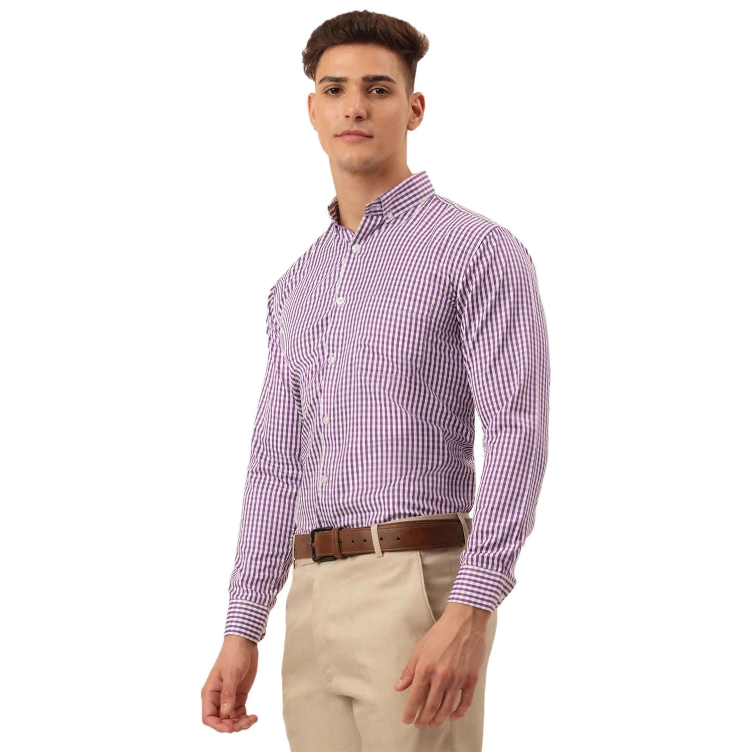 Jainish Men's Cotton Checked Button Down Collar Formal Shirts ( SF 810Purple )