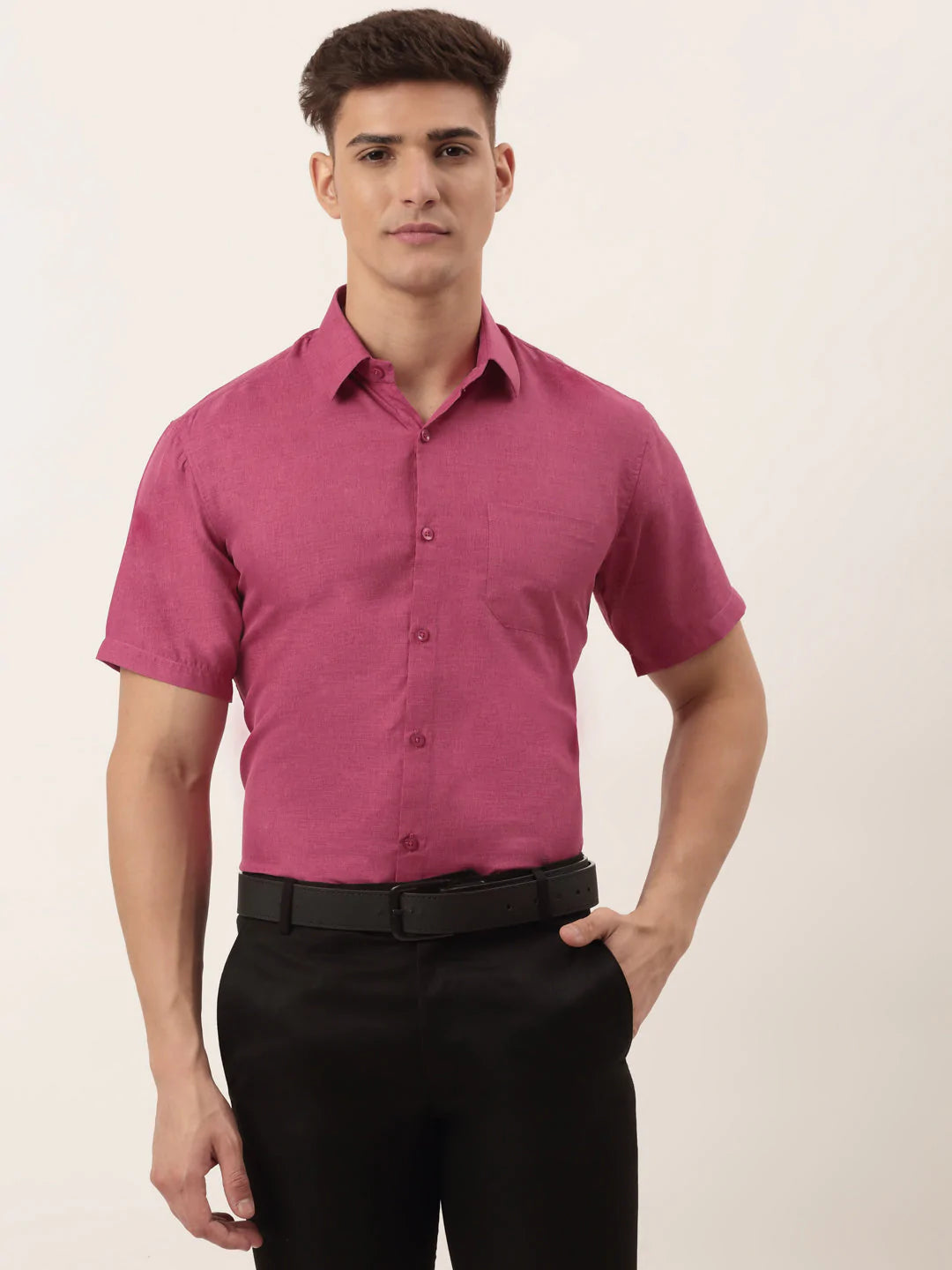 Jainish Men's Cotton Solid Half Sleeve Formal Shirts ( SF 811Pink )