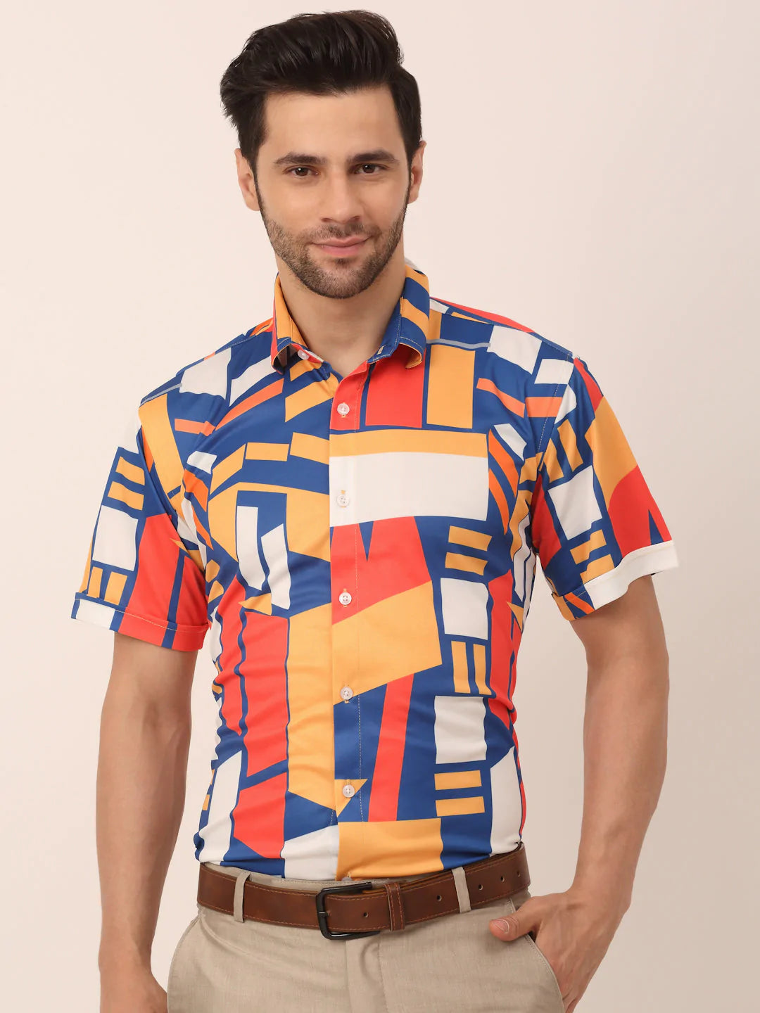 Jainish Men's Lycra Printed Half Sleeve Formal Shirts ( SF 814Navy )