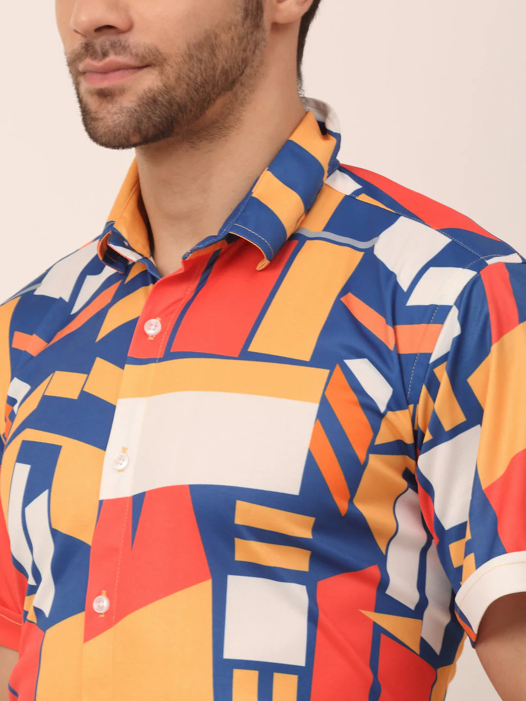 Jainish Men's Lycra Printed Half Sleeve Formal Shirts ( SF 814Navy )