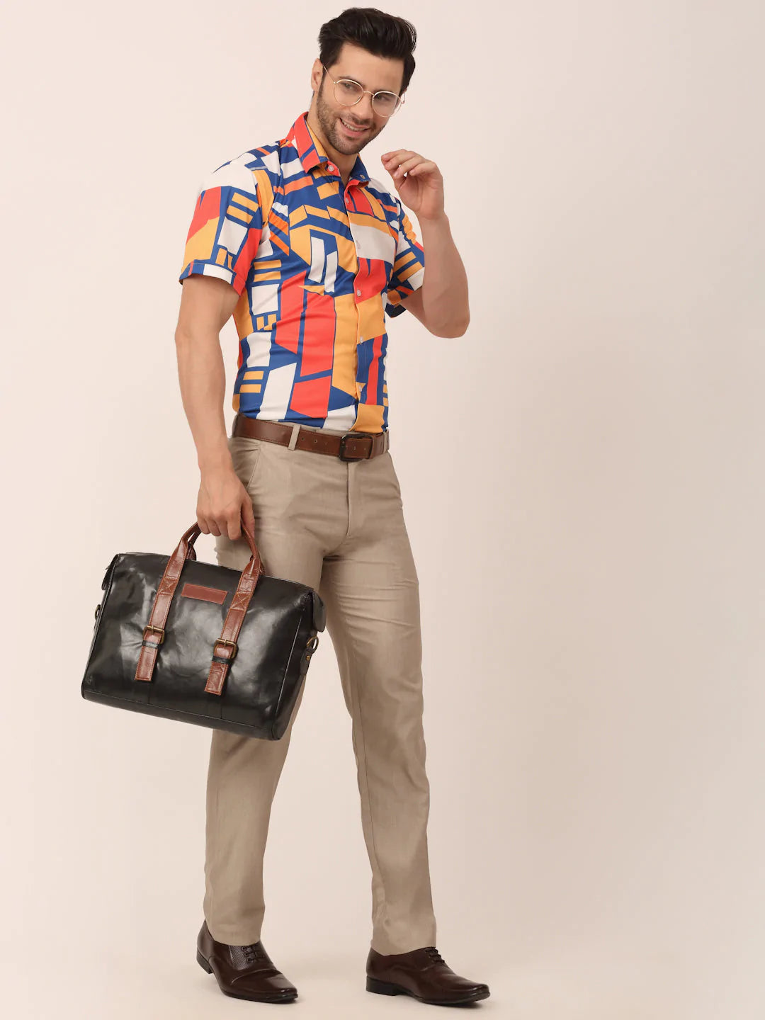 Jainish Men's Lycra Printed Half Sleeve Formal Shirts ( SF 814Navy )