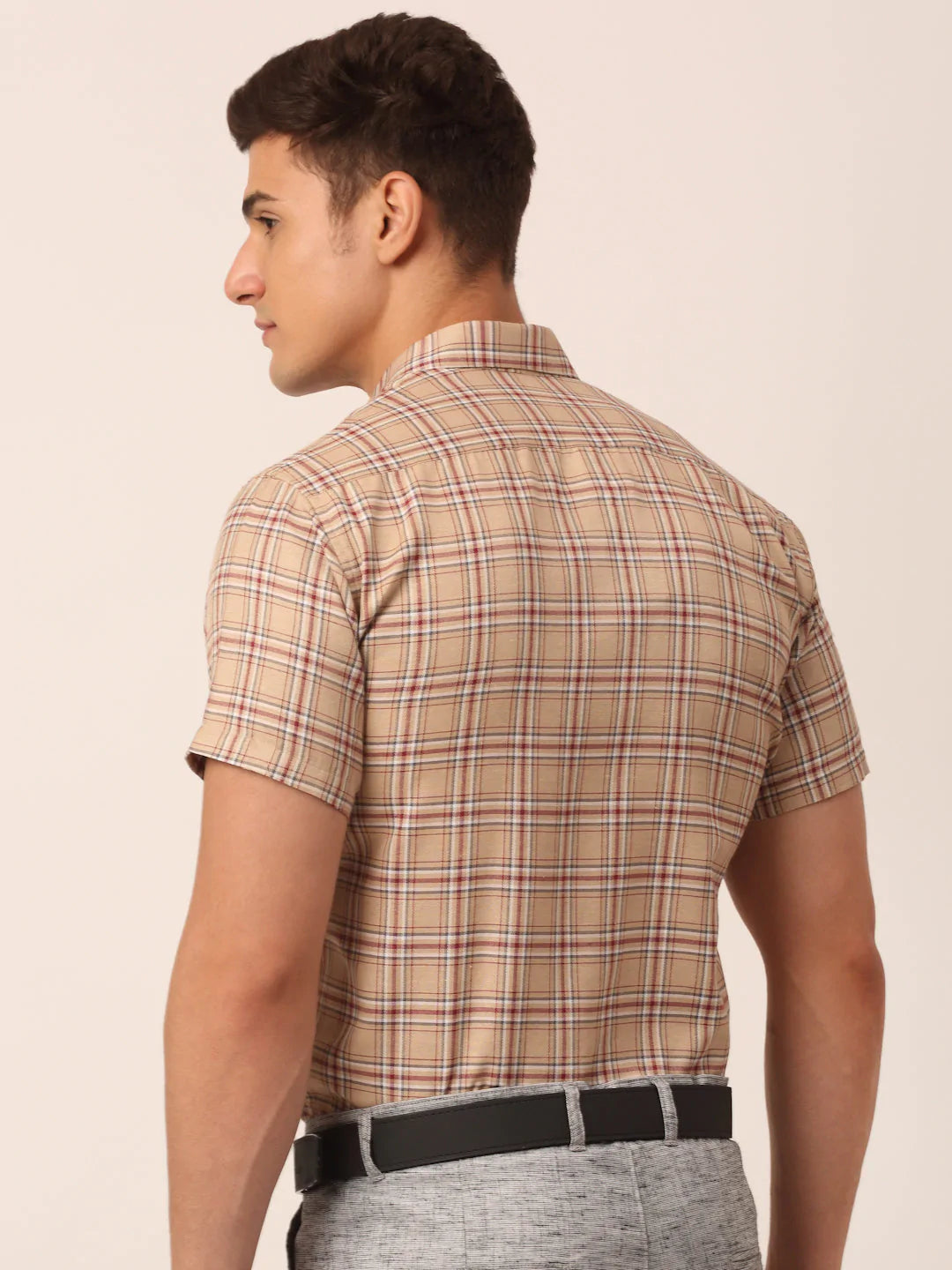 Jainish Men's Cotton Checked Half Sleeve Formal Shirts ( SF 815Brown )