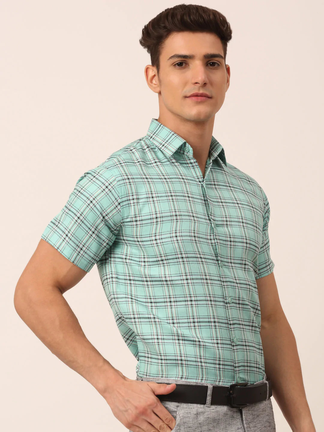 Jainish Men's Cotton Checked Half Sleeve Formal Shirts ( SF 815Green )