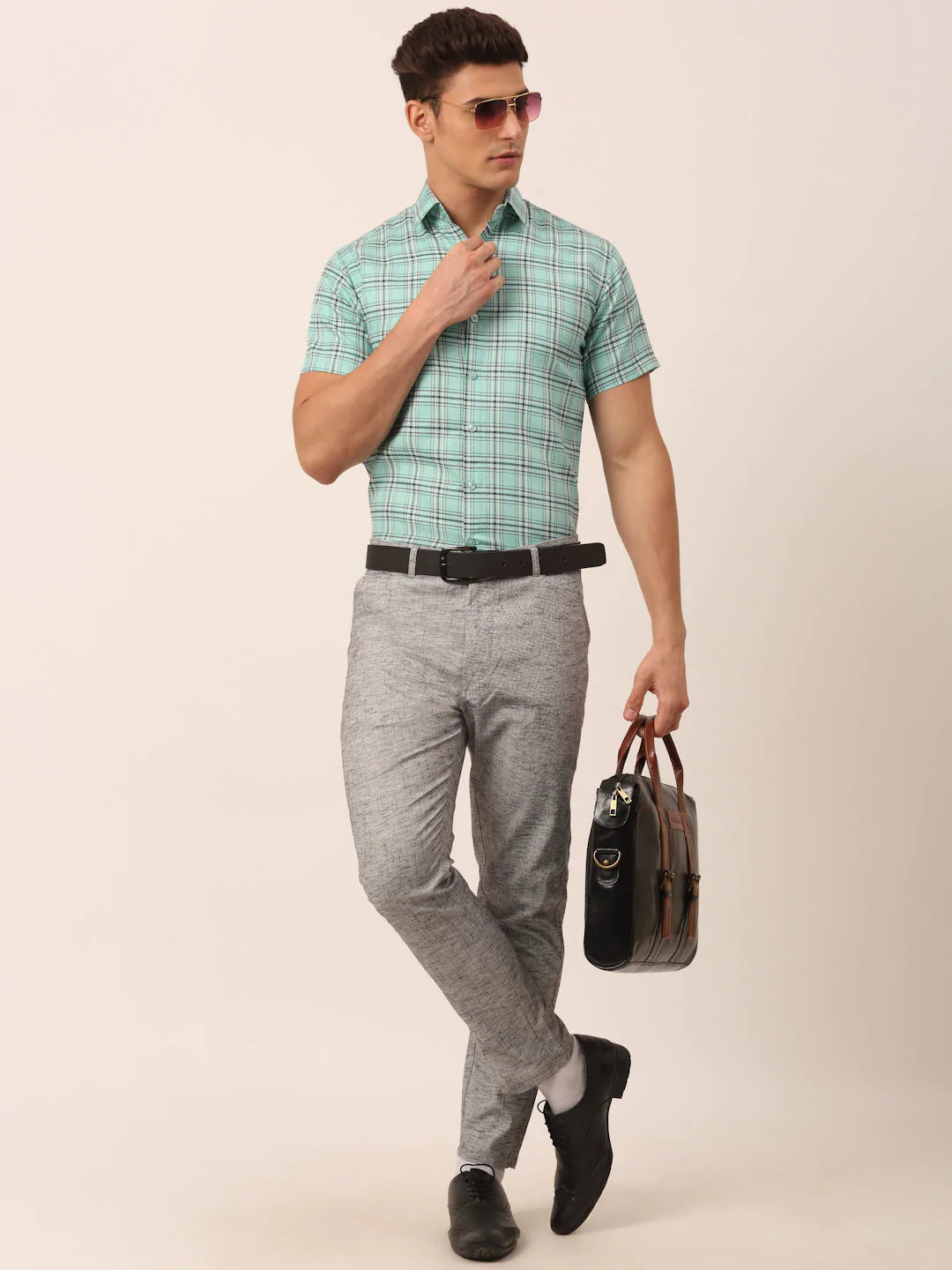 Jainish Men's Cotton Checked Half Sleeve Formal Shirts ( SF 815Green )