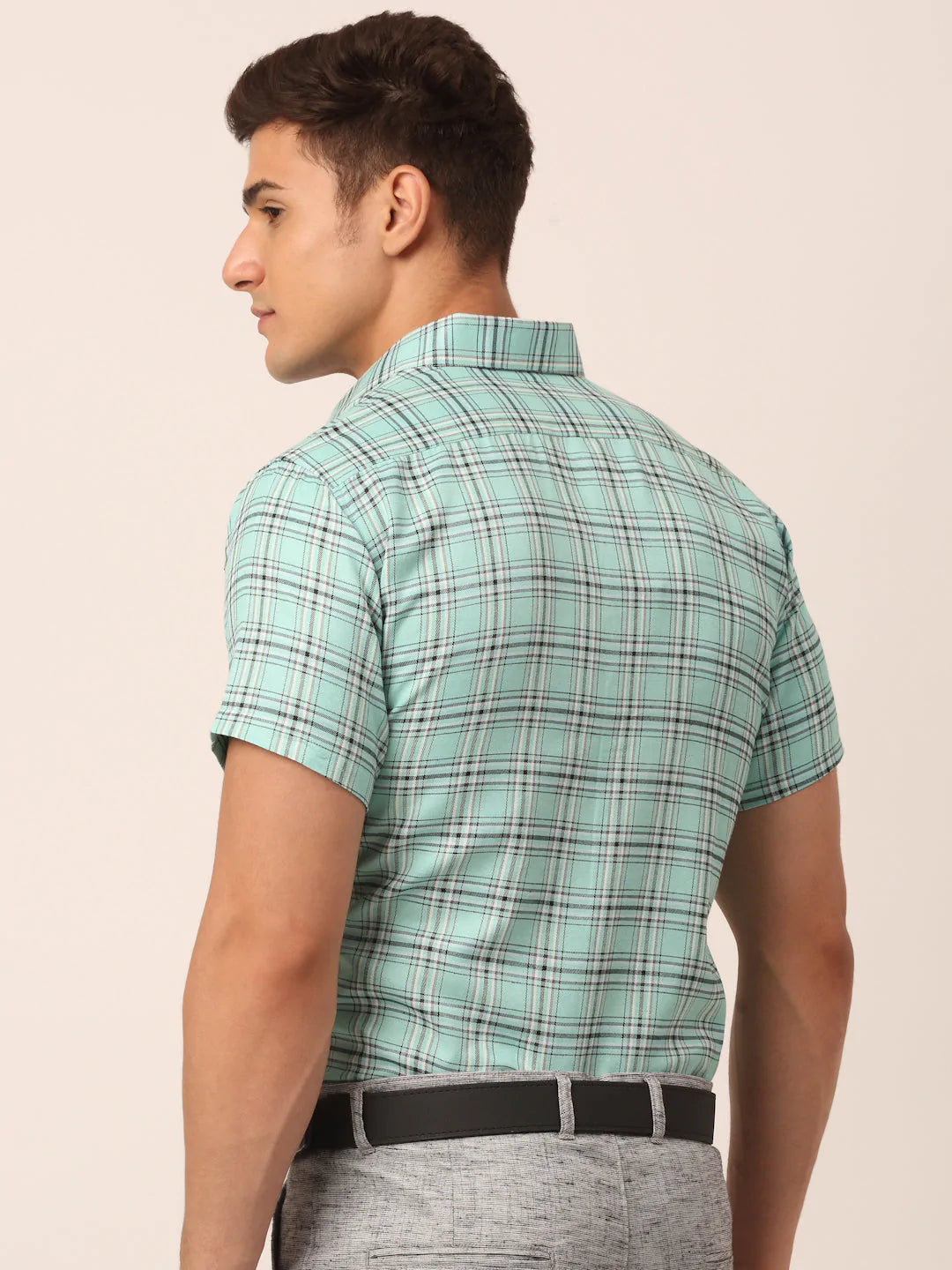 Jainish Men's Cotton Checked Half Sleeve Formal Shirts ( SF 815Green )