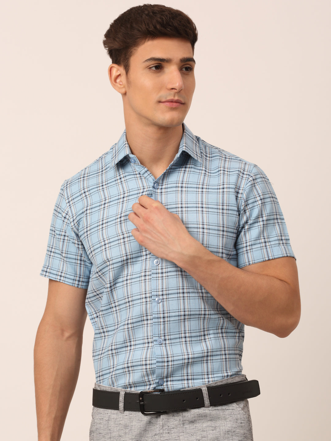 Men's Cotton Checked Half Sleeves Formal Shirts ( SF 815Sky )