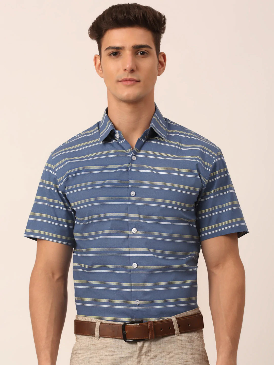 Jainish Men's Cotton Striped Half Sleeve Formal Shirts ( SF 816Blue )