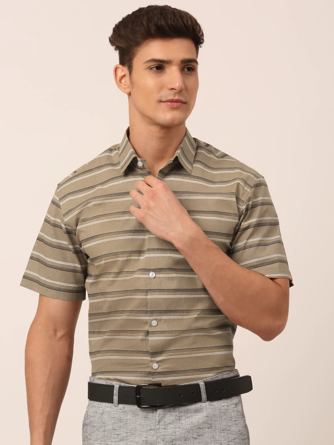 Jainish Men's Cotton Striped Half Sleeve Formal Shirts ( SF 816Brown )