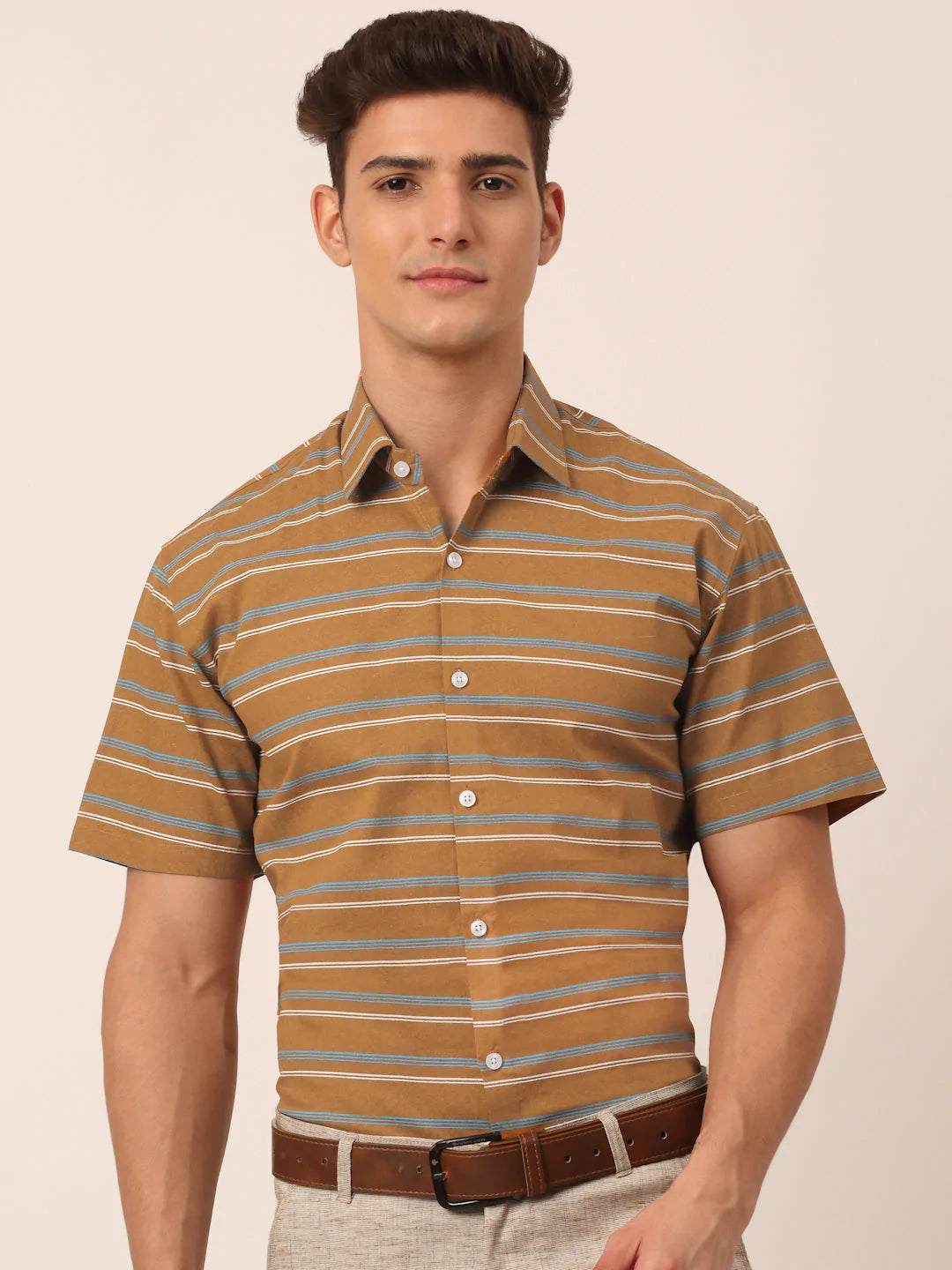 Jainish Men's Cotton Striped Half Sleeve Formal Shirts ( SF 816Mustard )