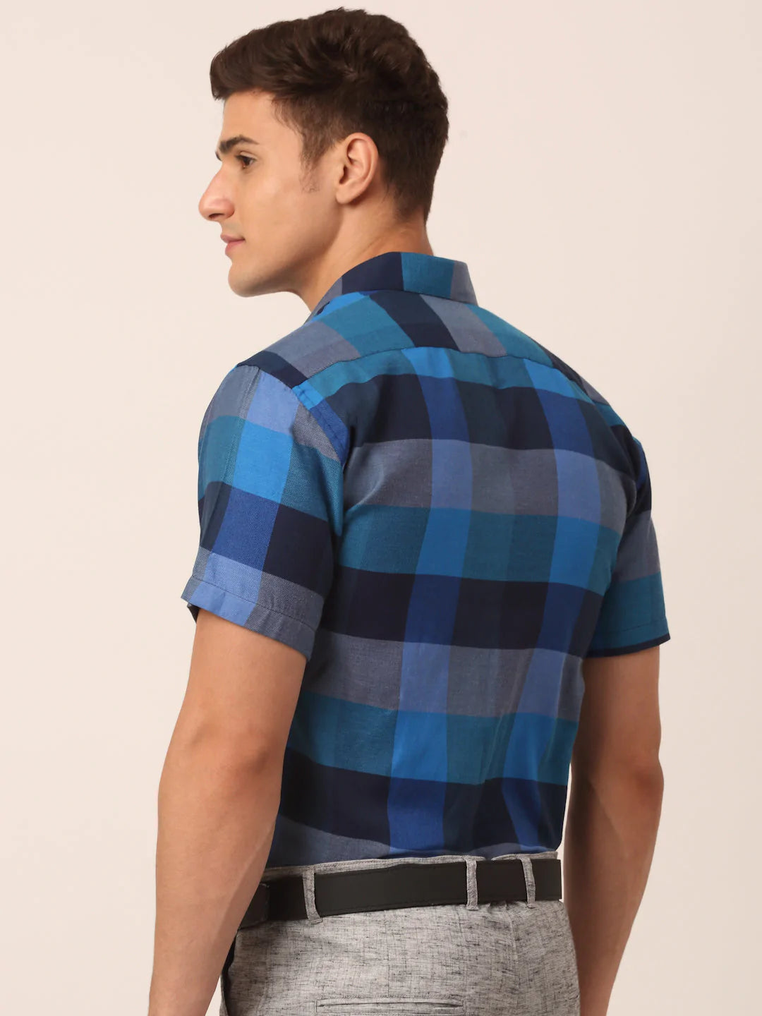 Jainish Men's Cotton Checked Half Sleeve Formal Shirts ( SF 817Blue )