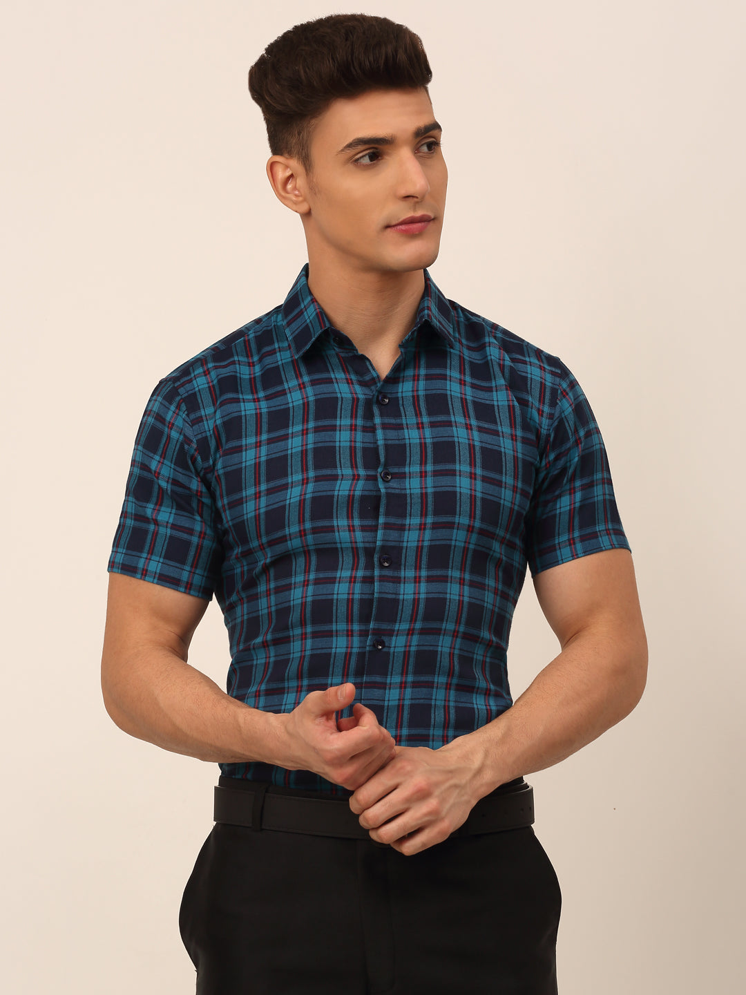 Men's Cotton Checked Half Sleeves Formal Shirts ( SF 818Sky-Blue )