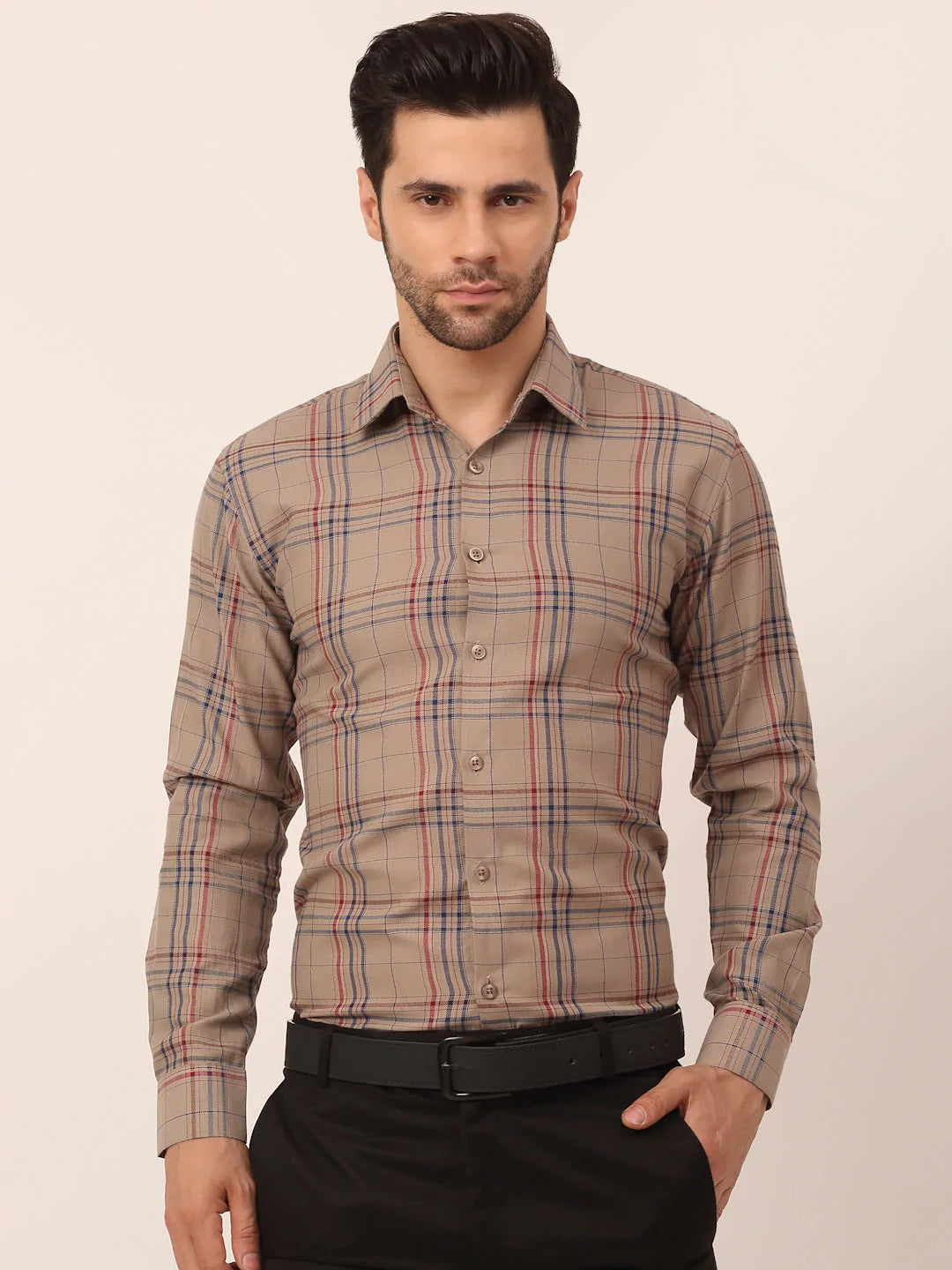 Jainish Men's Cotton Checked Formal Shirts ( SF 819Brown )