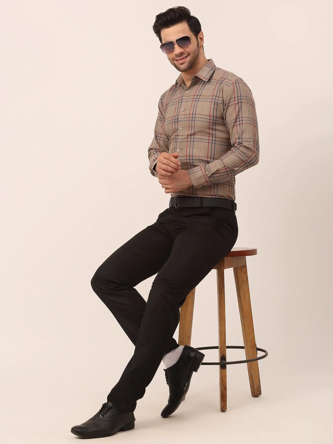 Jainish Men's Cotton Checked Formal Shirts ( SF 819Brown )
