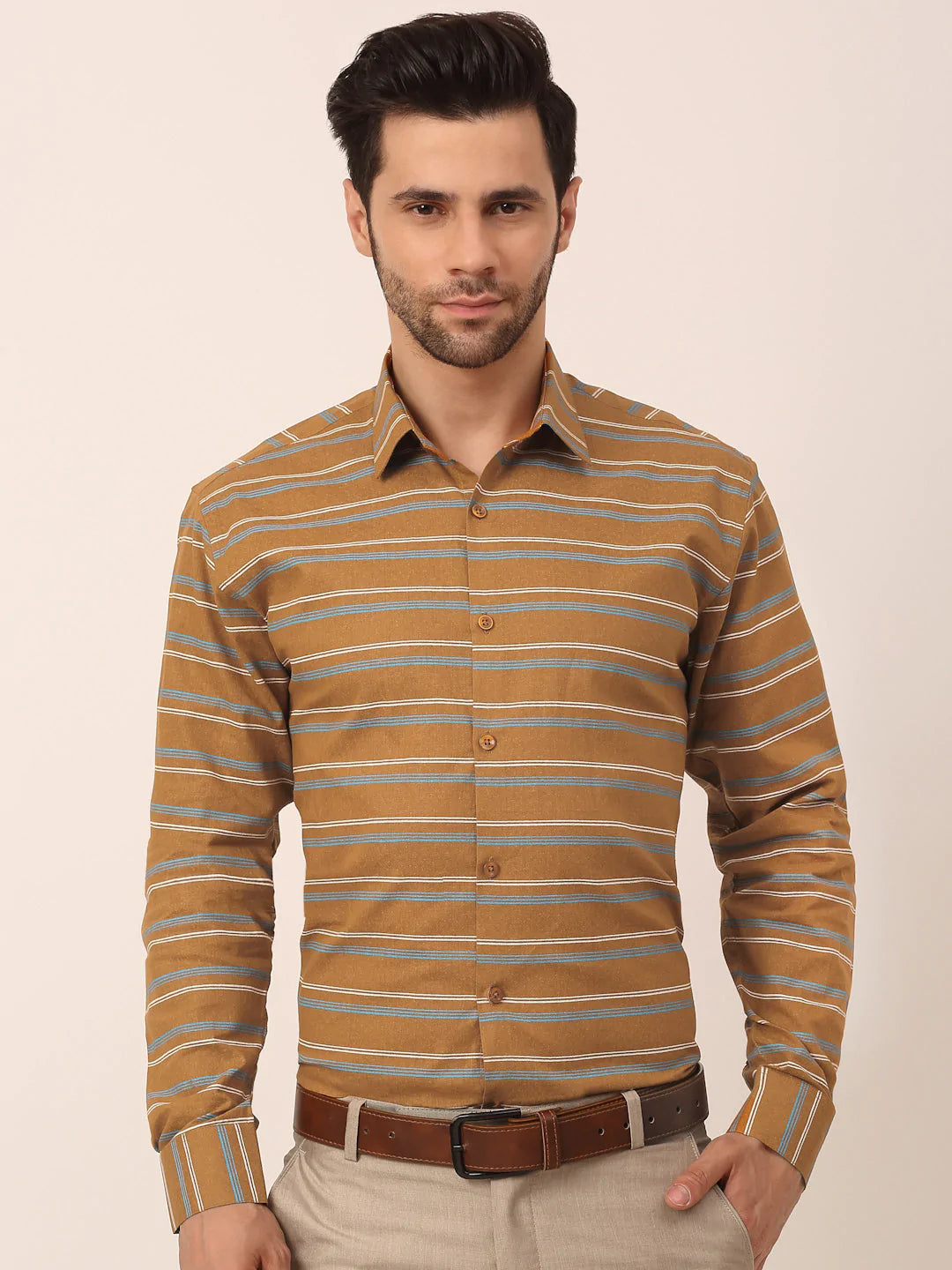 Jainish Men's  Cotton Striped Formal Shirts ( SF 820Mustard )