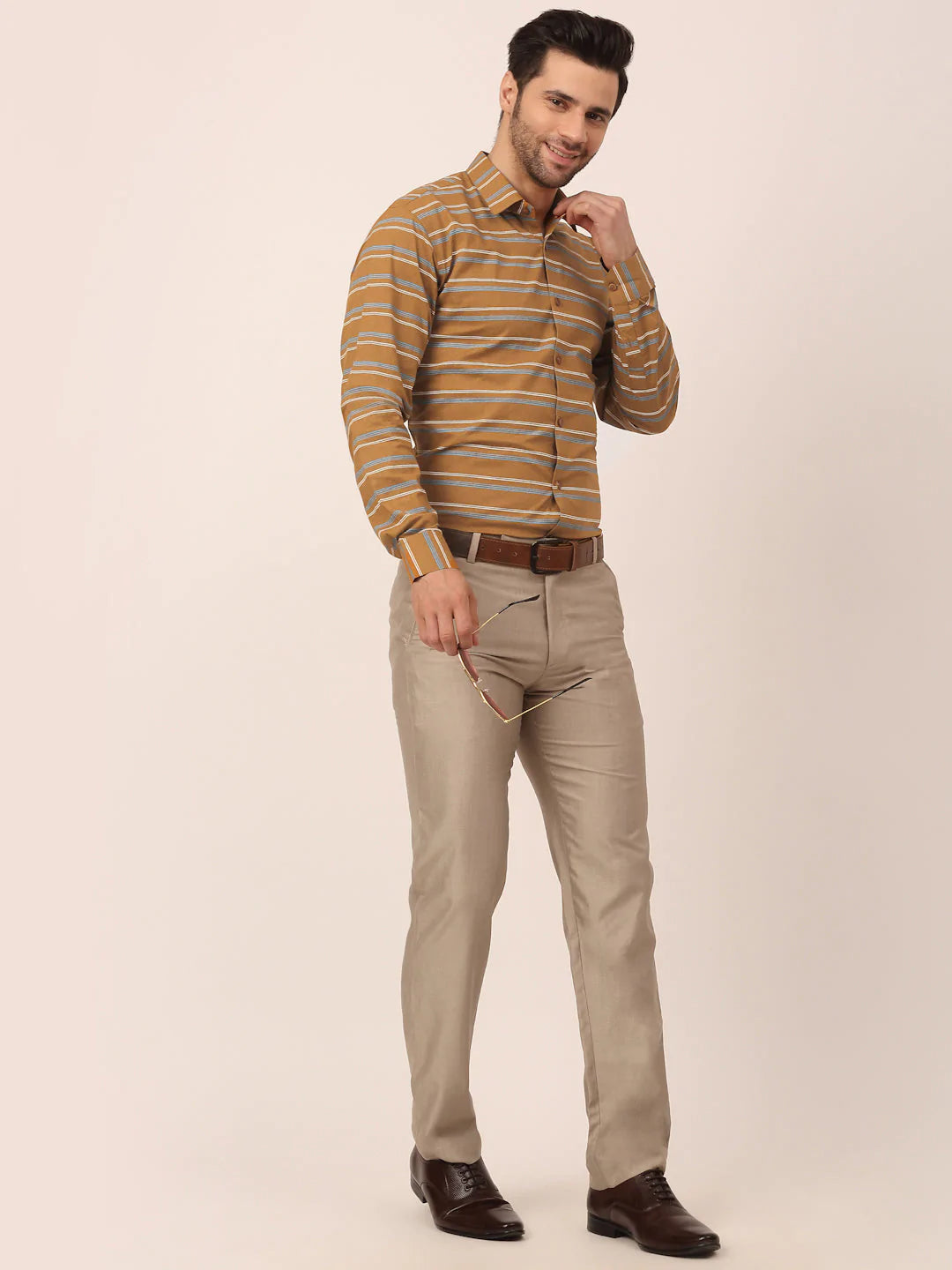 Jainish Men's  Cotton Striped Formal Shirts ( SF 820Mustard )