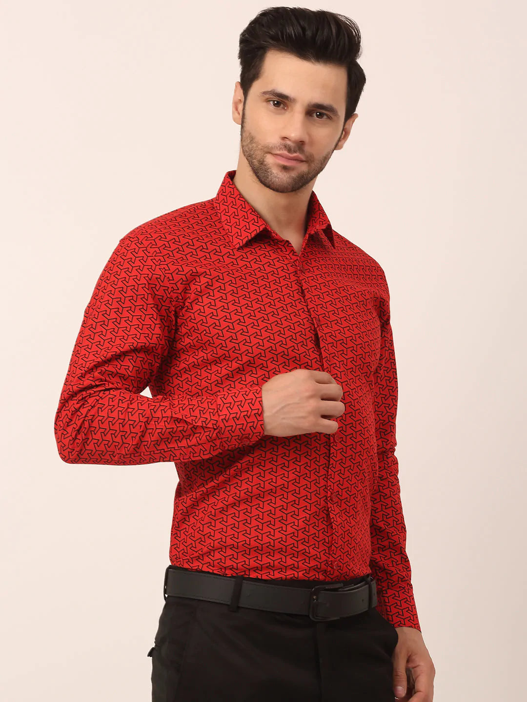 Jainish Men's  Cotton Printed Formal Shirts ( SF 821Red )