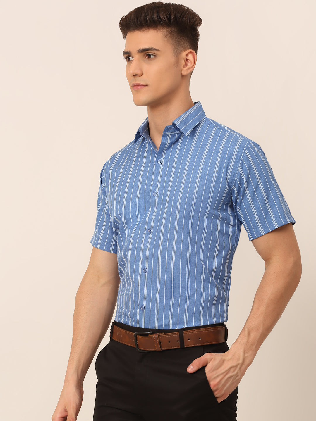 Men Blue & White Classic Striped Formal Shirt ( SF 822Blue )