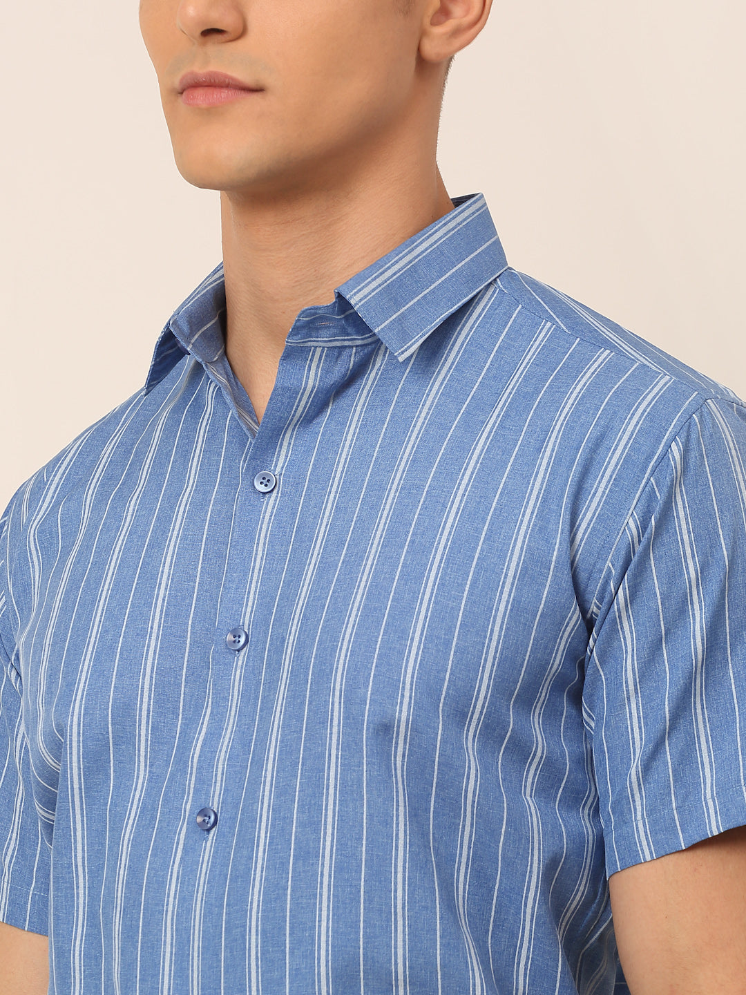 Men Blue & White Classic Striped Formal Shirt ( SF 822Blue )