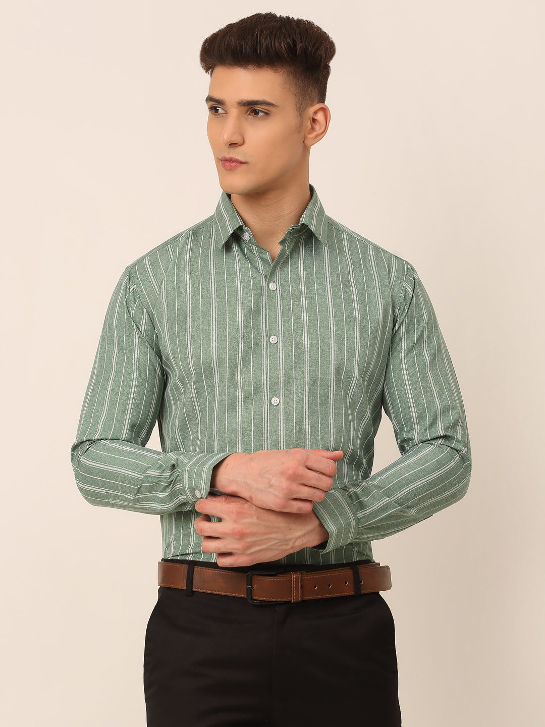 Men Green & White Classic Striped Formal Shirt ( SF 825Green )