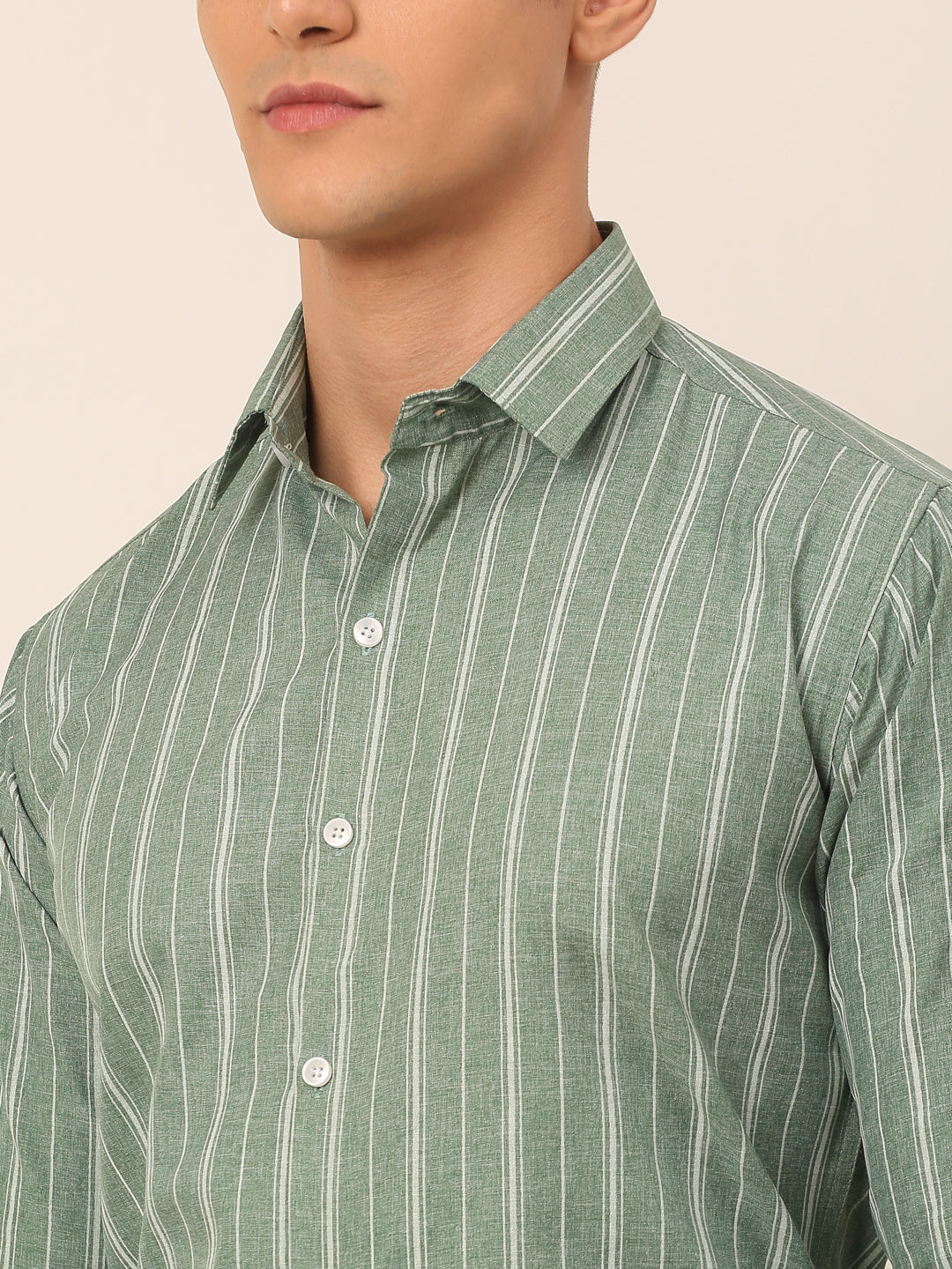 Men Green & White Classic Striped Formal Shirt ( SF 825Green )