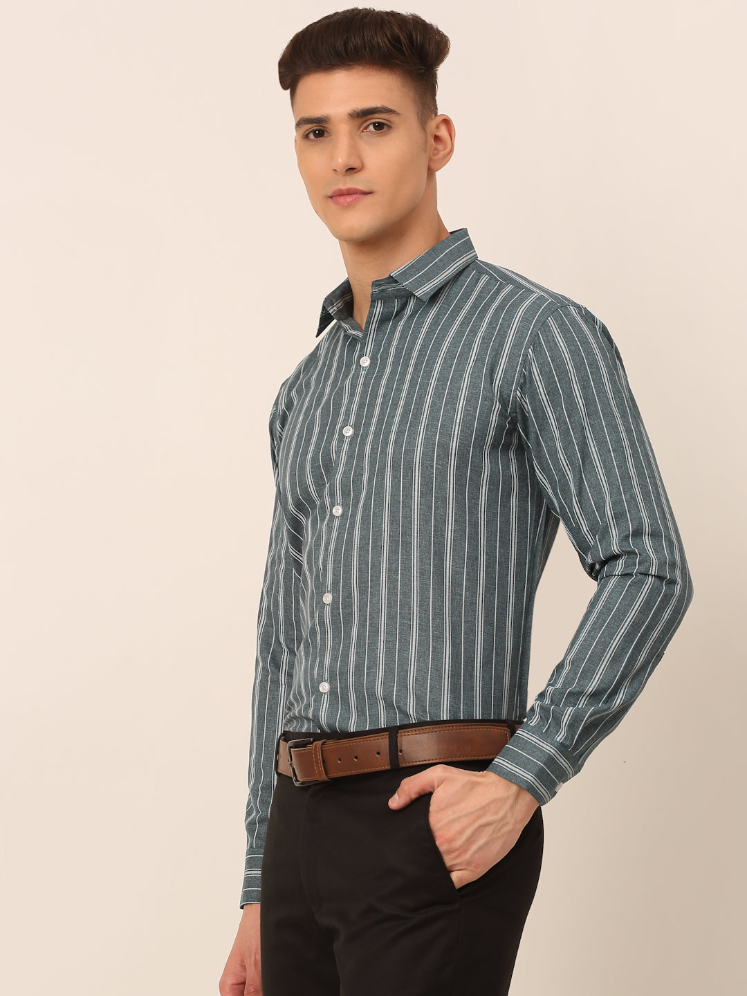 Men Grey & White Classic Striped Formal Shirt ( SF 825Grey )