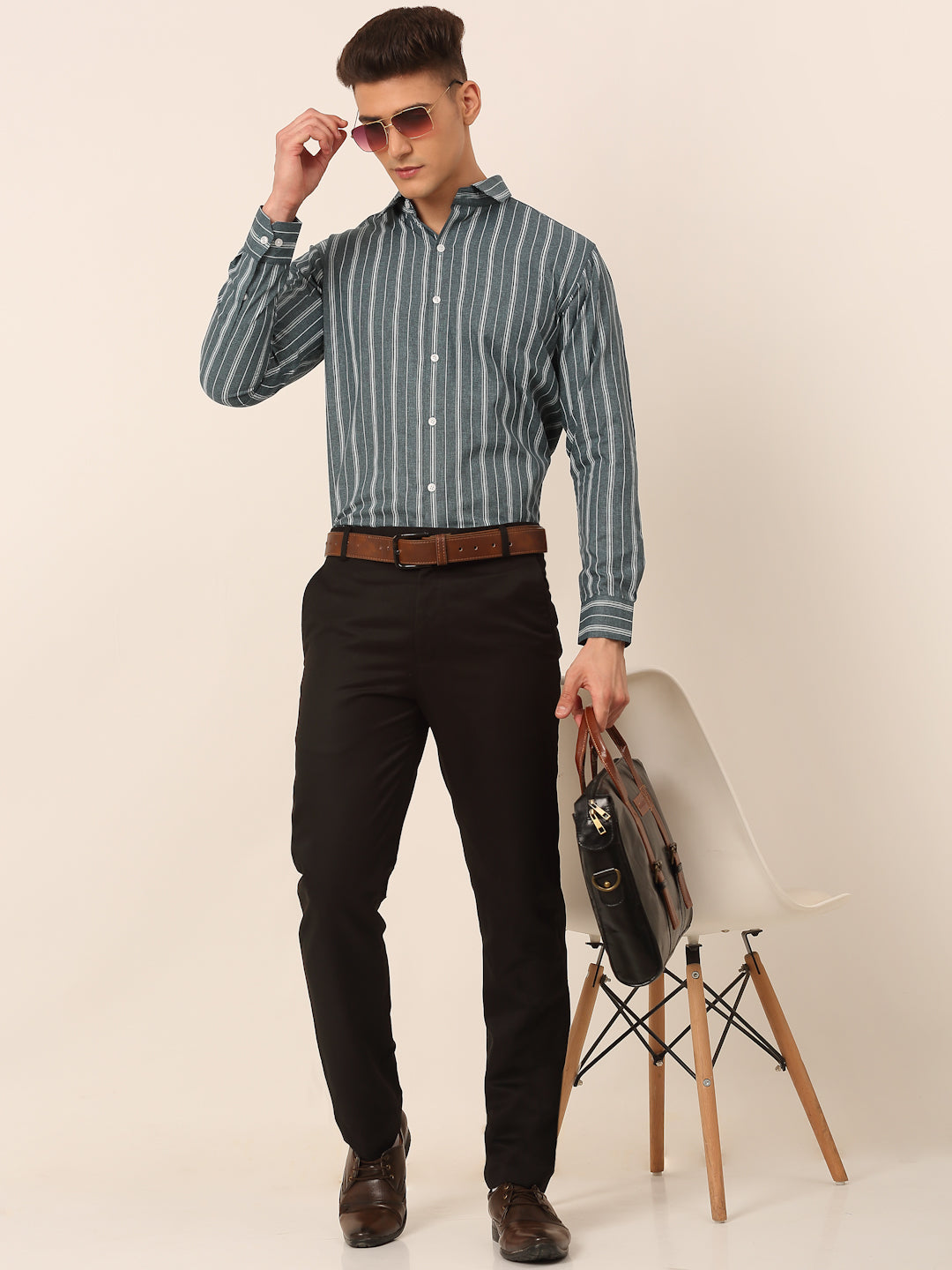 Men Grey & White Classic Striped Formal Shirt ( SF 825Grey )