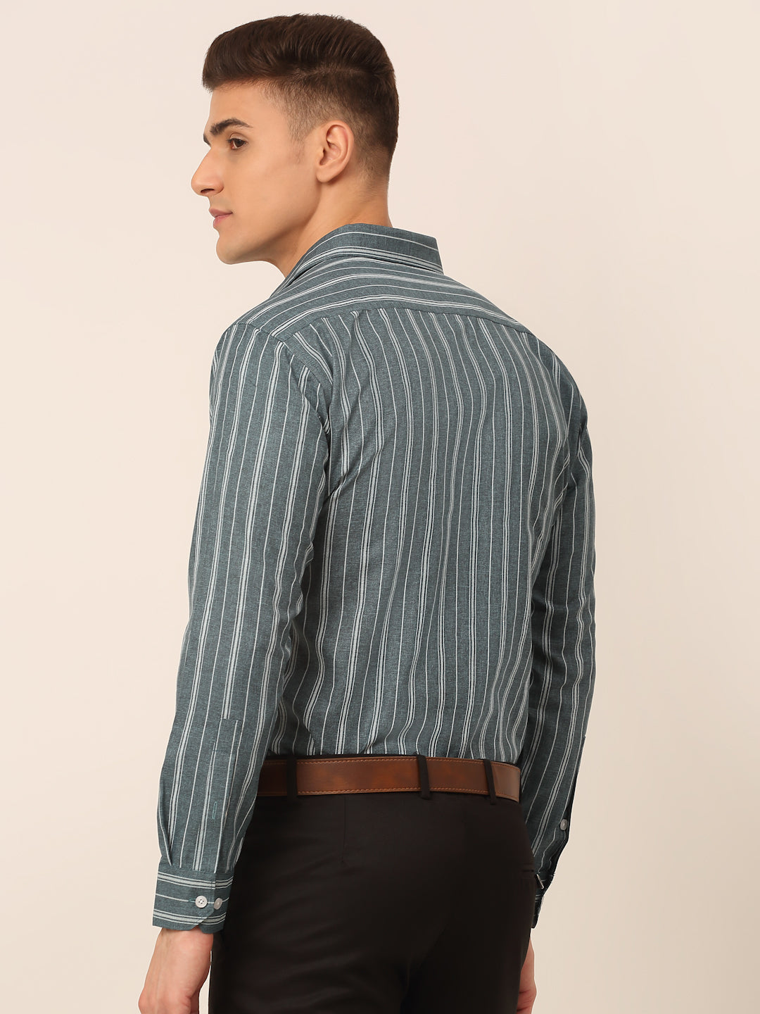 Men Grey & White Classic Striped Formal Shirt ( SF 825Grey )