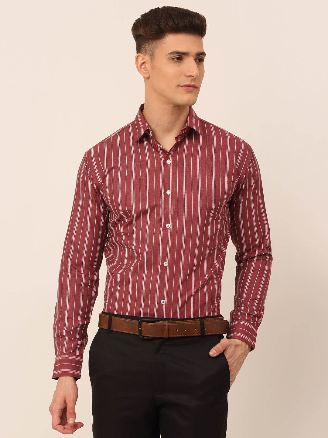 Men Maroon & White Classic Striped Formal Shirt ( SF 825Maroon )