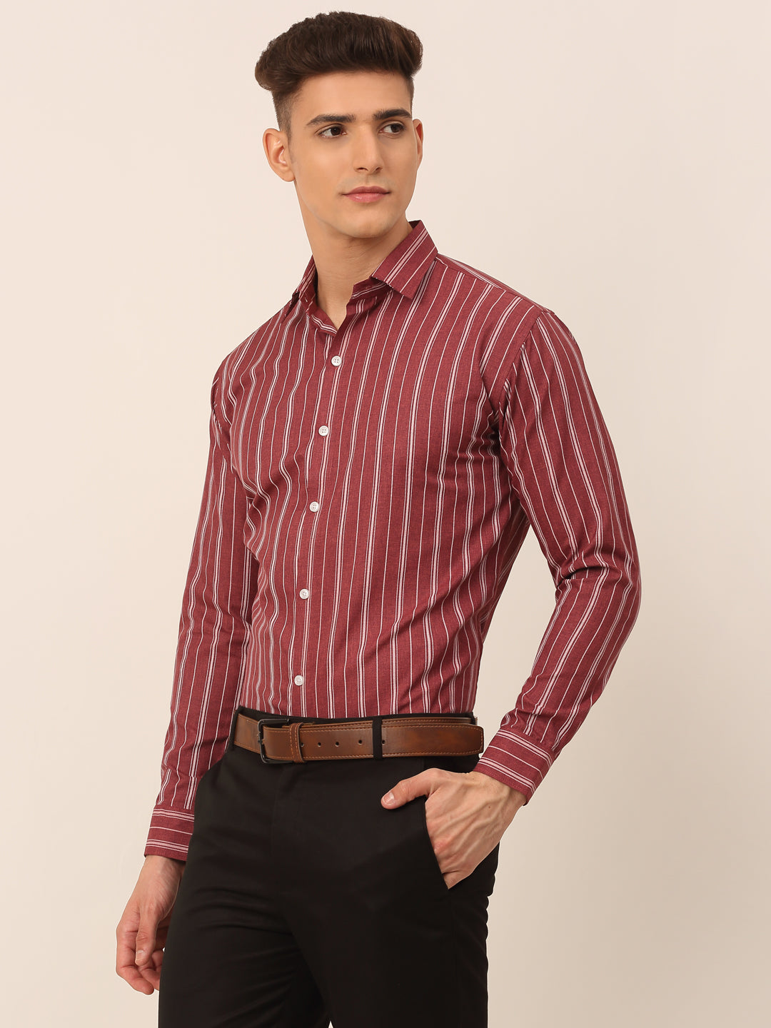 Men Maroon & White Classic Striped Formal Shirt ( SF 825Maroon )