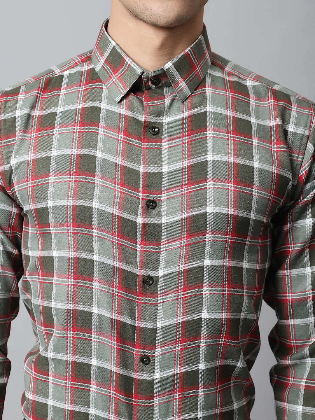Men Olive and Red Checks Regular Fit Cotton Formal Shirt ( SF 854Olive )