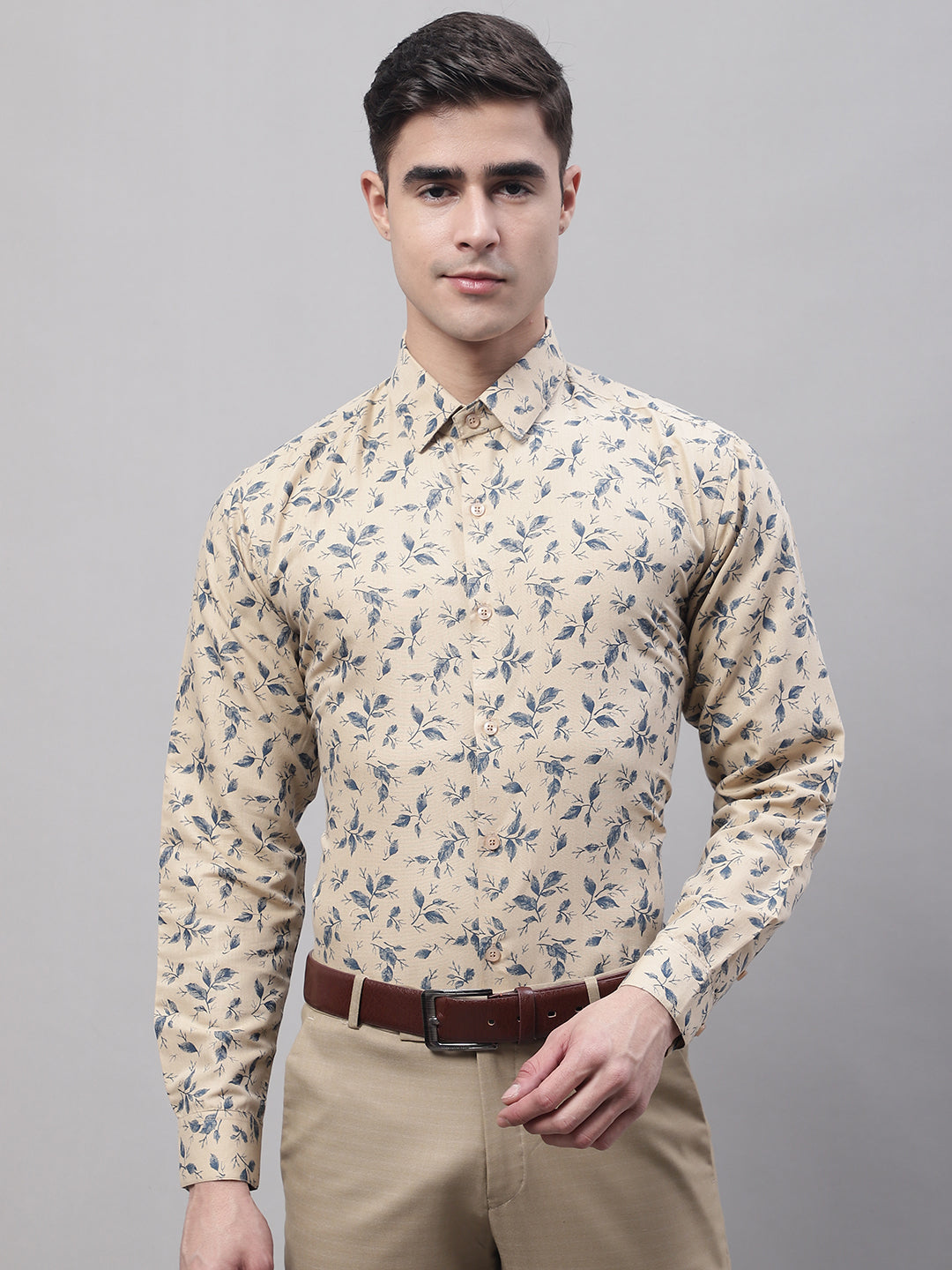 Men Beige Regular Fit Printed Pure Cotton Formal Shirt