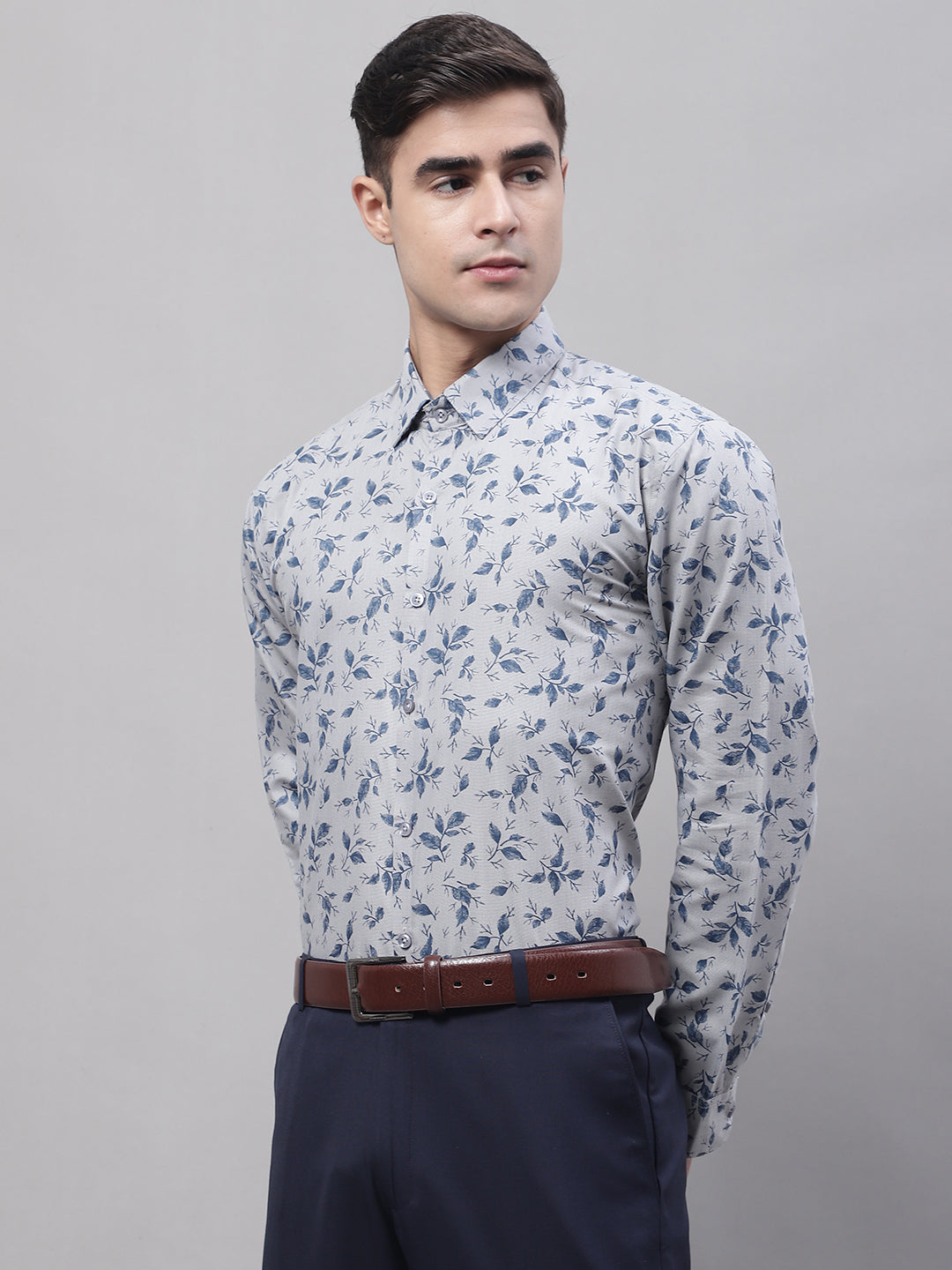 Men Grey Regular Fit Printed Pure Cotton Formal Shirt