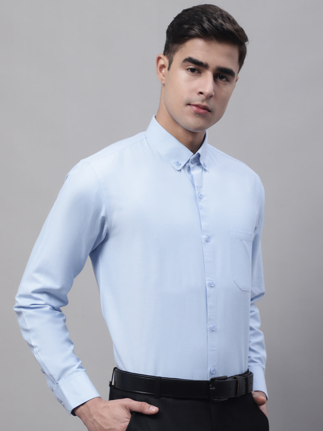 Men's Sky Blue Cotton Solid Formal Shirt