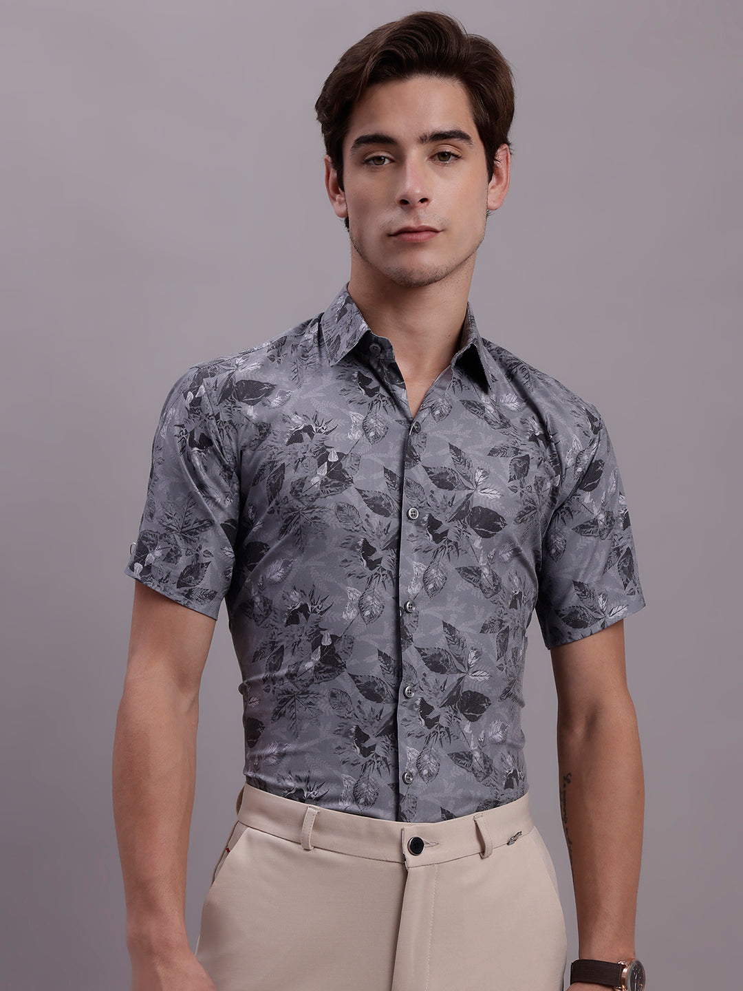 Men's Floral Printed Formal Shirt ( SF 885 Charcoal )
