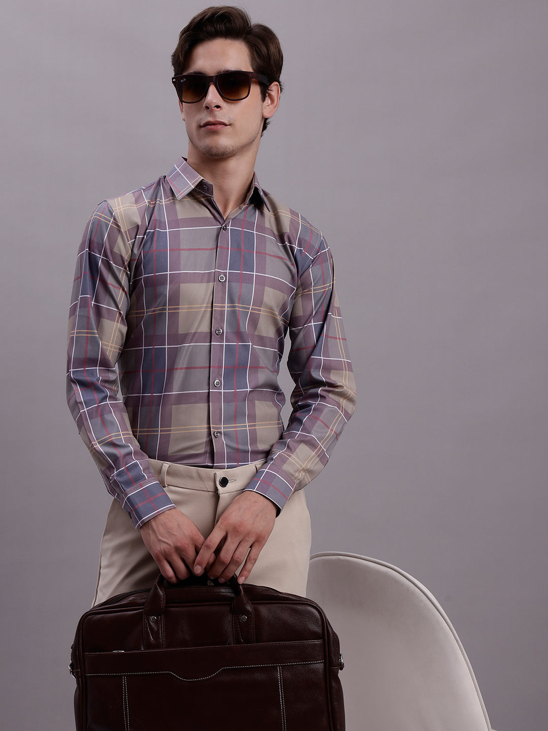 Men's Cotton Blend Checked Formal Shirt ( SF 888 Brown )