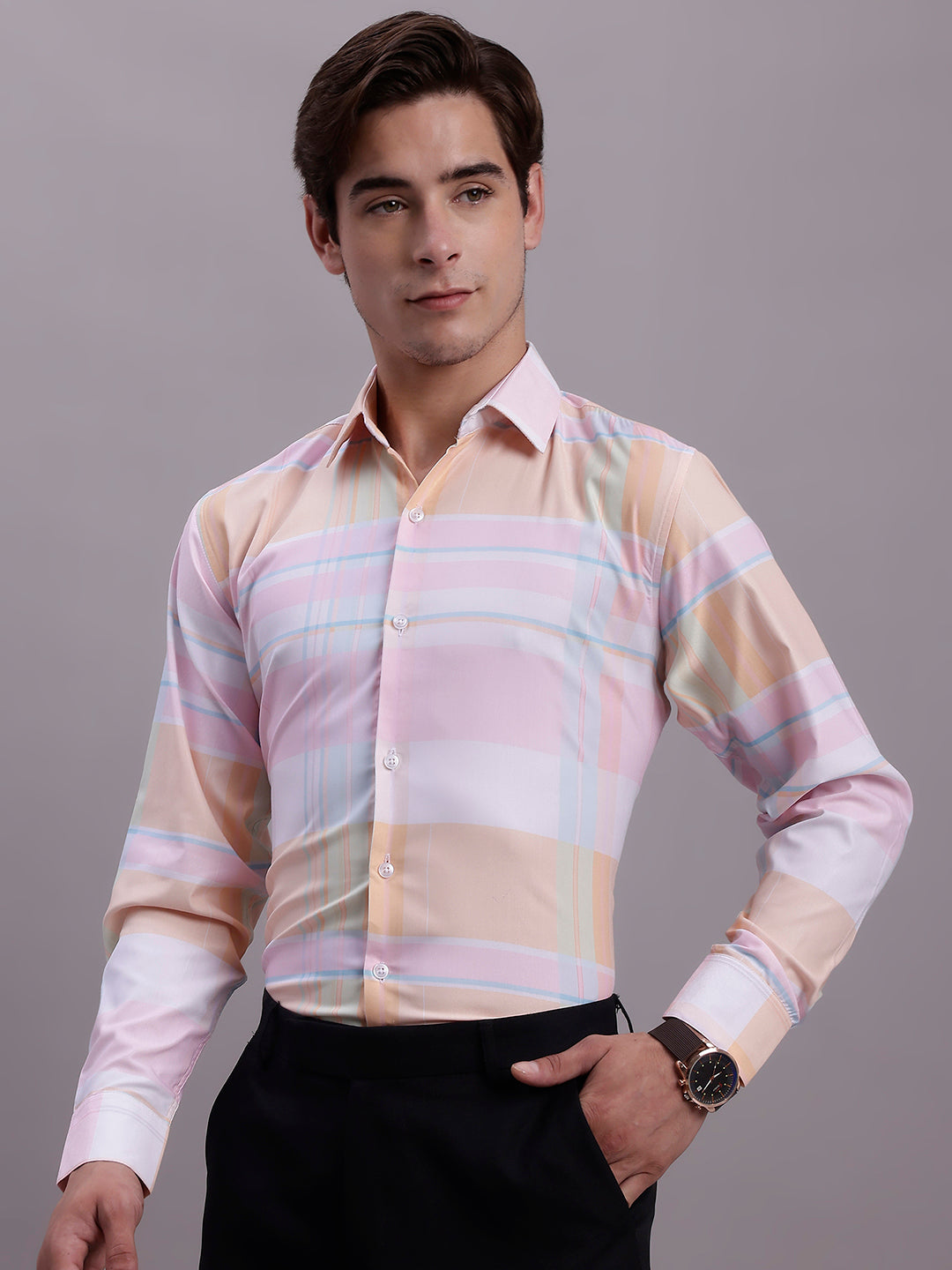 Men's Cotton Blend Checked Formal Shirt ( SF 888 Pink )