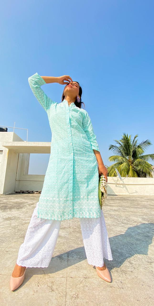 Women Sky Blue & White Chikankari Embroidered Kurta with Palazzos ( JOKPL C-W 1351 Lime )