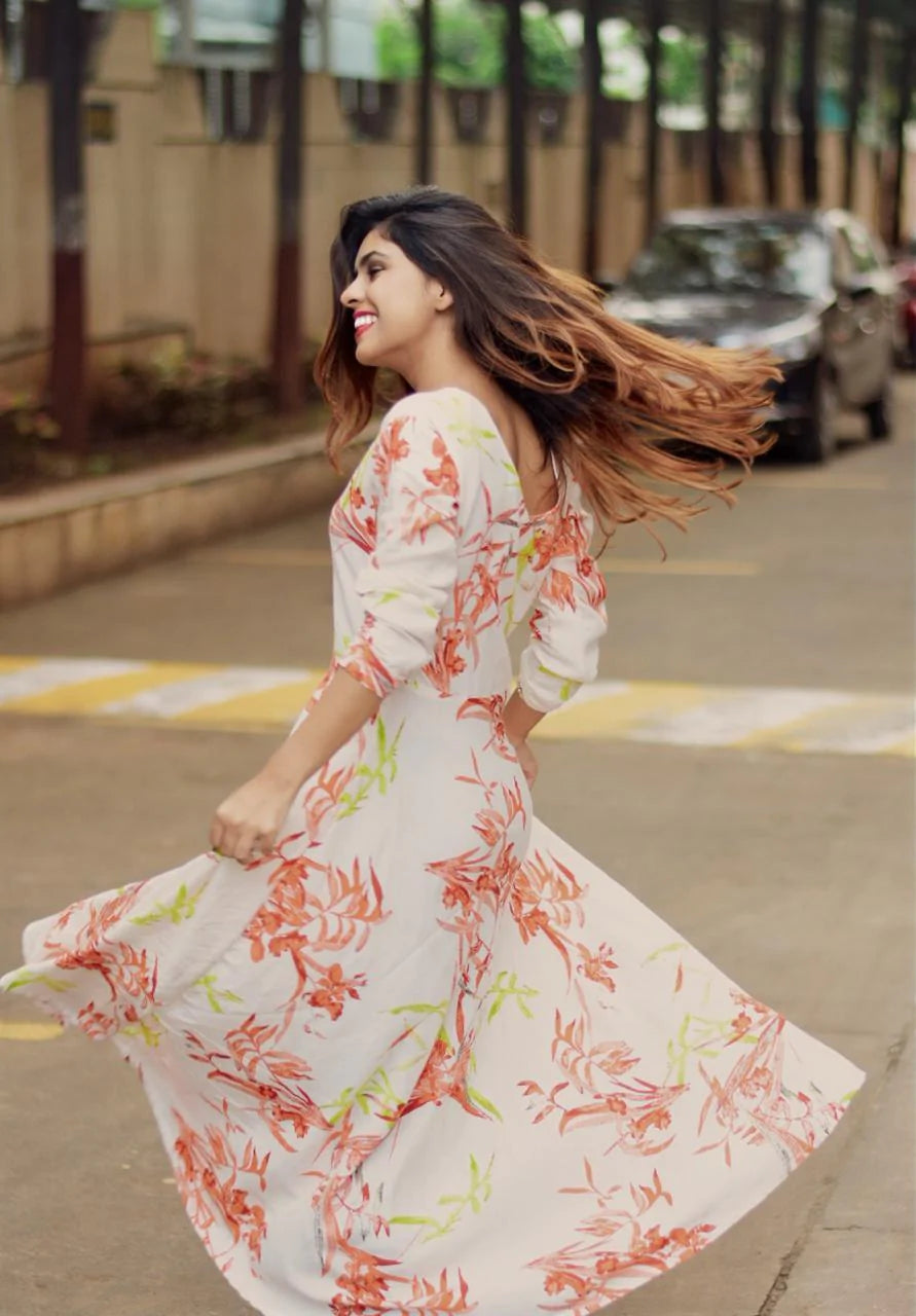 Jompers Women White & Orange Floral Printed Rayon Flared Kurta ( JOK 1212 Orange )