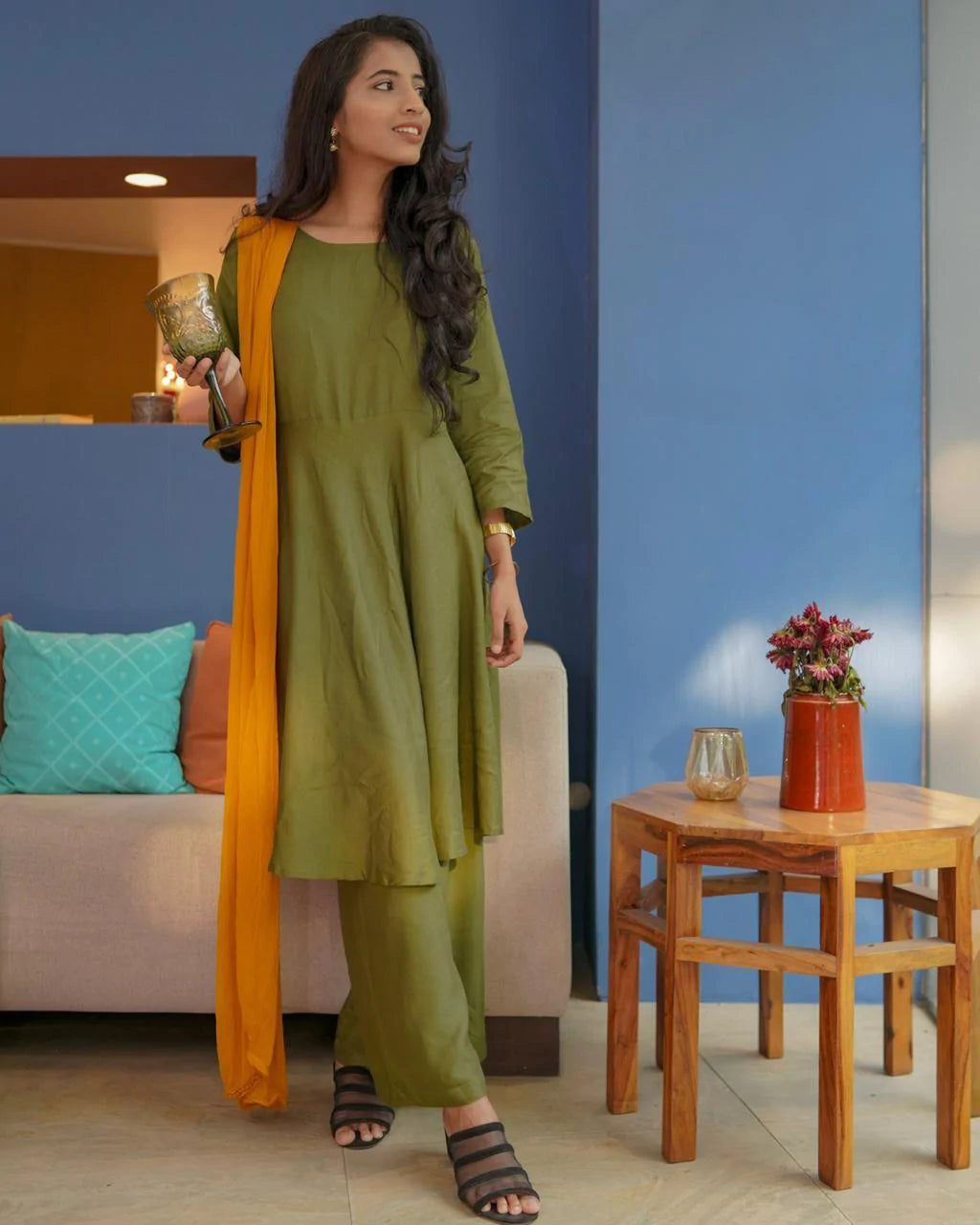 Jompers Women Olive Green Solid Kurta with Palazzos & Dupatta ( JOKPL MU-D 1283 Olive )