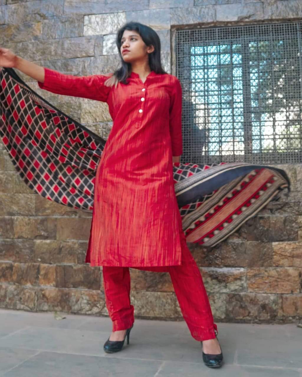 Jompers Women Red & Black Self-Striped Kurta with Trousers & Dupatta ( JOKS D4R 1310 Red )